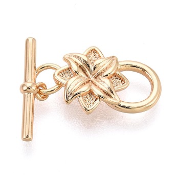 10Pcs Brass Toggle Clasps, Flower, Real 18K Gold Plated, 15mm, Hole: 0.5mm