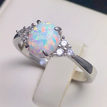 Alloy Finger Rings, with Brass Micro Pave Cubic Zirconia and Opal Finding, Oval, US Size 9(18.9mm)