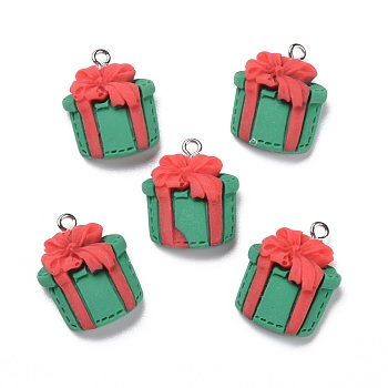 Christmas Opaque Resin Pendants, with Platinum Tone Iron Loops, Gift Box Shape, Green, 24x18x8mm, Hole: 2mm