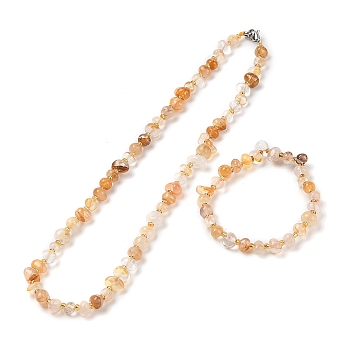 Natural Yellow Hematoid Quartz Chip Beads Bracelets & Necklaces Sets, with 304 Stainless Steel Clasps, Necklace: 16.30~17.72 inch(414~450mm)