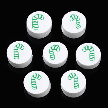 Handmade Polymer Clay Beads, Flat Round with Christmas Candy Cane, Green, 9~9.5x4~4.5mm, Hole: 1.5mm