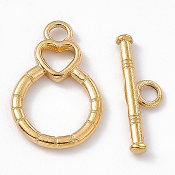 Ion Plating(IP) 304 Stainless Steel Toggle Clasps, Flat Round with Heart, Real 18K Gold Plated, Bar: 6x19.5x2mm, hole: 2.5mm, Flat Round with Heart: 21x13.5x2mm, hole: 2.5mm