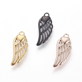 304 Stainless Steel Pendants, Wings with Heart, Mixed Color, 20x8x2.5mm, Hole: 1.6mm