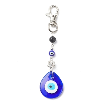 Handmade Lampwork Evil Eye Pendant Decoration, Natural Lava Rock Round Bead & Lobster Clasp Charms, for Keychain, Purse, Backpack Ornament, Teardrop, 127mm