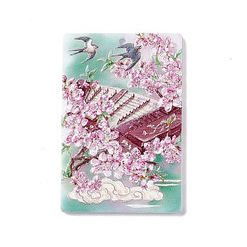 Embossed Flower Printed Acrylic Pendants, Rectangle Charms with Musical Instruments Pattern, Pearl Pink, 45x30x2.3mm, Hole: 1.6mm