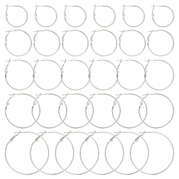 30Pcs 6 Style Brass Hoop Earring Findings, Ear Wire, Ring, Real Platinum Plated, 21 Gauge, 24.5~50x1.2mm, Pin: 0.7mm