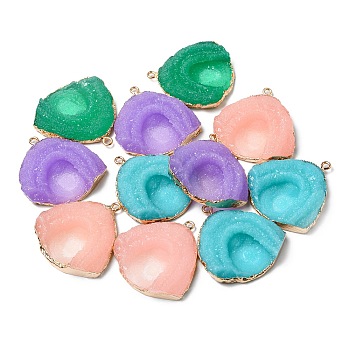 Druzy Resin Pendants, Triangle Charms, with Light Gold Plated Brass & Iron Findings, Mixed Color, 35~36x34x7~8mm, Hole: 1.8mm