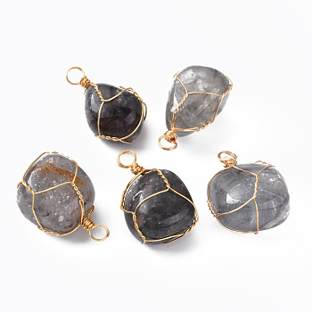 Natural Cloudy Quartz Pendants, with Golden Plated Brass Wire Wrapped, Nuggets, 14~25x15~32x13~21mm, Hole: 4mm