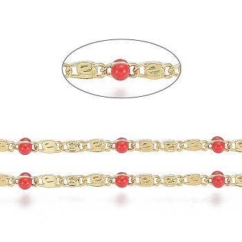 Handmade Brass Lumachina Chains, Snail/Scroll Chains, with Enamel and Spool, Soldered, Long-Lasting Plated, Real 18K Gold Plated, Red, 3x2x1mm, 3x2x2mm, about 32.8 Feet(10m)/roll