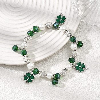 Alloy Enamel Charm Bracelets, Glass Beaded Stretch Bracelets for Women, Clover, Green, Inner Diameter: 2 inch(5.1cm)
