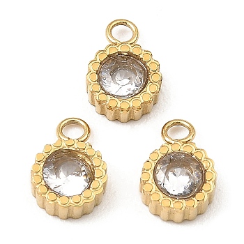 Ion Plating(IP) 316 Stainless Steel with Rhinestone Pendants, Flat Round Charm, Real 24K Gold Plated, 7.5x5x2.5mm, Hole: 1.5mm