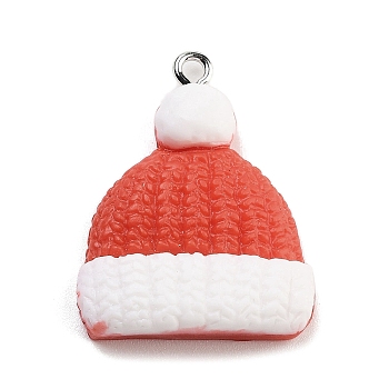Christmas Theme Opaque Resin Pendants, with Platinum Tone Iron Loops, Hat, 29.5x23x6.5mm, Hole: 2mm