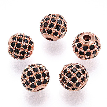 Rack Plating Brass Cubic Zirconia Beads, Long-Lasting Plated, Round, Rose Gold, 8x7mm, Hole: 2mm