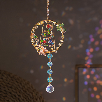 Flat Round with Cat Suncatchers, Golden Tone Copper Wire Wrapped Glass Hanging Ornaments with Iron Ring, Colorful, 330mm