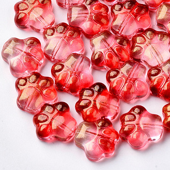 Transparent Spray Painted Glass Beads, with Glitter Powder, Dog Paw Prints, Red, 11x12x4.5mm, Hole: 1mm
