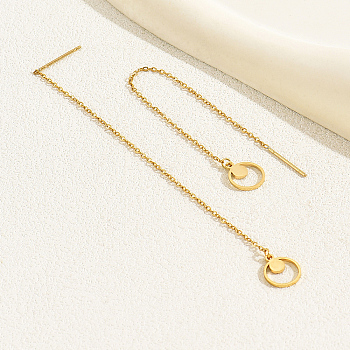 Geometric Circle Earrings with Tassel Studs Stainless Steel Chain, Flat Round, Real 18K Gold Plated