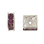 Brass Rhinestone Spacer Beads, Square, Nickel Free, DeepPurple, Silver Color Plated, 6mmx6mmx3mm, hole: 1mm(X1-RSB072-17S)