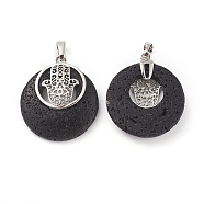 Natural Lava Rock Pendants, with Platinum Tone Brass Findings, Flat Round with Hamsa Hand/Hand of Fatima/Hand of Miriam, 32~32.5x28x7~7.5mm, Hole: 5x8mm(KK-F751-K-A09)