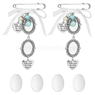 2Pcs 2 Style Oval & Love Heart Blank Glass Dome Wedding Bouquet Photo Charms Safety Pin Brooches, Double Frame Alloy Photo Charm Lapel Pins with Bowknot for Party, Antique Silver, 115mm, 1Pc/style(JEWB-AB00006)