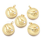Brass Micro Pave Clear Cubic Zirconia Pendants, Flat Round with Hand, Real 18K Gold Plated, 22.5x20x3mm, Hole: 3.2mm(ZIRC-O036-58G)