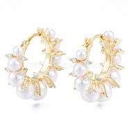 ABS Plastic Pearl Beaded Hoop Earrings with Clear Cubic Zirconia, Brass Flower Earrings for Women, Nickel Free, Golden, 25.5x28x11mm, Pin: 1mm(EJEW-T046-44)