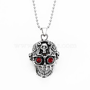 Alloy Rhinestones Pendant Necklaces, with Iron Ball Chains, Skull, Antique Silver, Garnet, 23.6 inch(60cm), 2mm(NJEW-S381-099)