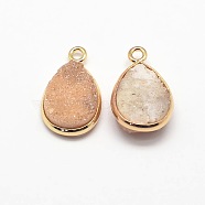 Electroplate Natural Druzy Crystal Charms, with Golden Tone Brass Findings, teardrop, Dyed, Beige, 18x12x3~5mm, Hole: 2mm(G-A124-06C)