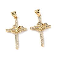 Brass Micro Pave Cubic Zirconia Pendants, Real 18K Gold Plated, Cross Charms, Clear, 28x17x2.5mm, Hole: 4.5x3mm(KK-E068-VF280)