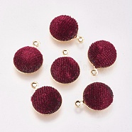 Brass Charms, with Velvet, Flat Round, Real 18K Gold Plated, Dark Red, 14x12x3mm, Hole: 1mm(KK-P138-13E)