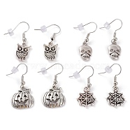 Halloween Theme, Tibetan Style Alloy Dangle Earrings, with Brass Earring Hooks and Plastic Earring Backs, Mixed Shape, Antique Silver, 33~35mm, Pin: 0.8mm(EJEW-JE04435)