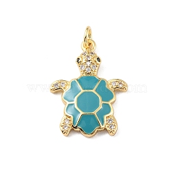 Rack Plating Brass Micro Pave Cubic Zirconia Pendants, with Enamel & Jump Ring, Cadmium Free & Lead Free, Long-Lasting Plated, Real 18K Gold Plated, Sea Turtle Charm, Dark Turquoise, 22.5x17x3mm, Hole: 3.2mm(KK-C021-01G-02)