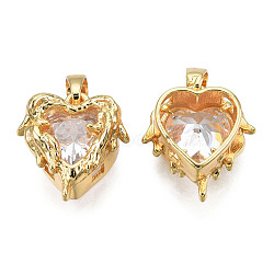 Brass Micro Pave Cubic Zirconia Charms, with Brass Snap on Bails, Heart Charms, Real 18K Gold Plated, Nickel Free, Clear, 15x14x8mm, Hole: 4x3mm(KK-N233-404)