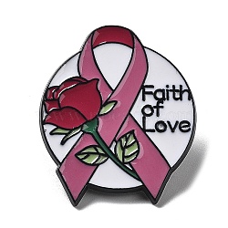Black Zinc Alloy Brooch, October Breast Cancer Pink Awareness Ribbon Enamel Pins for Women, June Rose, 29x24.5x1.5mm(JEWB-Z012-03A-EB)
