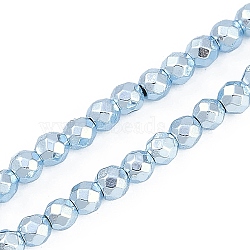 Baking Paint Electroplated Synthetic Non-magnetic Hematite Beads Strands, Faceted, Round, Light Blue, 4x4x4mm, Hole: 1mm, about 95pcs/strand, 14.96''(38cm)(G-H072-A01-01A)