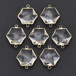 Glass Links Connectors, with Light Gold Plated Brass Edge, Faceted, Hexagon, Clear, 25~26x21x8mm, Hole: 2mm(GLAA-N038-07)