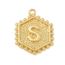 Brass Pendants, Hexagon Letter Charms, Letter S, 20x16x2.5mm, Hole: 1.5mm(KK-B126-01G-S)