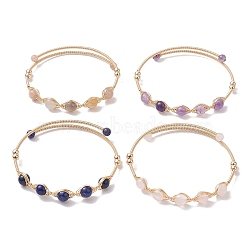 4Pcs 4 Style Natural Mixed Gemstone Round Beaded Cuff Bangles Set, Brass Wire Wrapped Bangles, Golden, Inner Diameter: 2~2-1/8 inch(5~5.25cm), 1Pc/style(BJEW-JB10112)