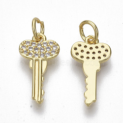 Brass Micro Pave Cubic Zirconia Pendants, with Jump Rings, Nickel Free, Key, Clear, Real 16K Gold Plated, 15x8x1.5mm, Hole: 3mm(ZIRC-S067-027-NF)