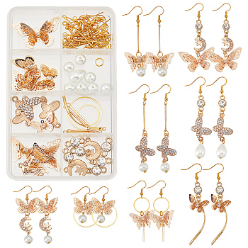 DIY Butterfly Earring Making Kits, Including Brass Links & Pendants & Earring Hooks & Jump Rings & Pins, Glass & Acrylic Pearl Beads, 304 Stainless Steel Pendants, Alloy & Iron Links, Golden, 94pcs/box