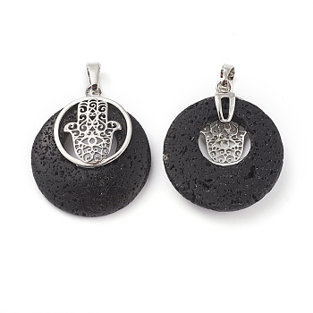 Natural Lava Rock Pendants, with Platinum Tone Brass Findings, Flat Round with Hamsa Hand/Hand of Fatima/Hand of Miriam, 32~32.5x28x7~7.5mm, Hole: 5x8mm