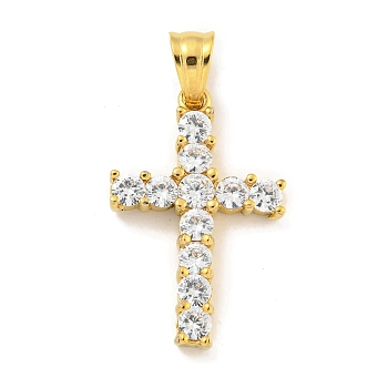 Ion Plating(IP) 304 Stainless Steel Cubic Zirconia Pendants, Cross Charm, Golden, 27x17x4mm, Hole: 5.5x4.5mm