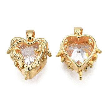 Brass Micro Pave Cubic Zirconia Charms, with Brass Snap on Bails, Heart Charms, Real 18K Gold Plated, Nickel Free, Clear, 15x14x8mm, Hole: 4x3mm