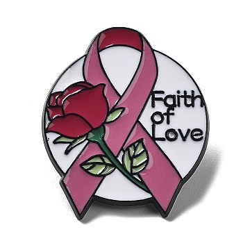 Black Zinc Alloy Brooch, October Breast Cancer Pink Awareness Ribbon Enamel Pins for Women, June Rose, 29x24.5x1.5mm