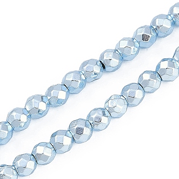 Baking Paint Electroplated Synthetic Non-magnetic Hematite Beads Strands, Faceted, Round, Light Blue, 4x4x4mm, Hole: 1mm, about 95pcs/strand, 14.96''(38cm)