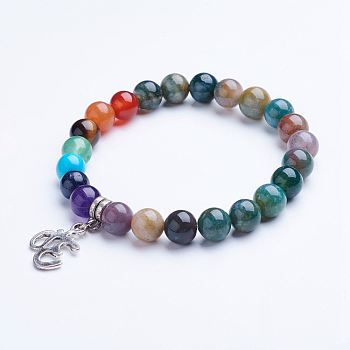 Natural Indian Agate Beaded Stretch Bracelets, Charm Bracelets, with Alloy Findings, Om Symbol, Platinum, 1-5/8 inch(40.5mm)
