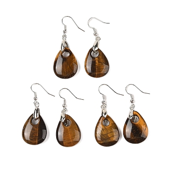 Natutal Tiger Eye Dangle Earrings, with Rack Plating Brass Earring Hooks, Lead Free & Cadmium Free, Teardrop, 46x18mm