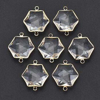 Glass Links Connectors, with Light Gold Plated Brass Edge, Faceted, Hexagon, Clear, 25~26x21x8mm, Hole: 2mm