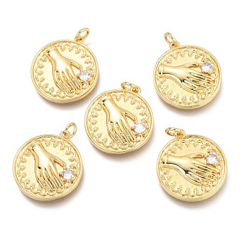 Brass Micro Pave Clear Cubic Zirconia Pendants, Flat Round with Hand, Real 18K Gold Plated, 22.5x20x3mm, Hole: 3.2mm