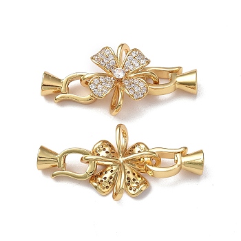 Rack Plating Flower Brass Pave Clear Cubic Zirconia Fold Over Clasps, Cadmium Free & Lead Free, Long-Lasting Plated, Real 18K Gold Plated, Flower: 17x17x6mm, Clasp: 12x7x5.5mm, Inner Diameter: 3.5mm