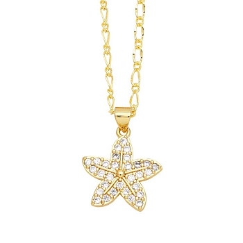 Brass Micro Pave Cubic Zirconia Pendant Necklaces, Starfish, 17.72 inch(45cm), Pendant: 24x18mm